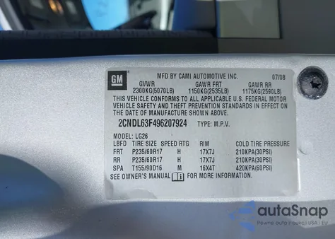 2009 Chevrolet Equinox Lt from USA, damaged, VIN 2CNDL63F496207924